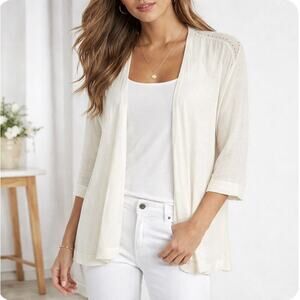 J.Jill Linen Open Front Long Cardigan L White Lightweight Breathable Coastal